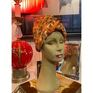 vintage 1960s orange and gold brocade turban 60s hat gathered metallic mod retro